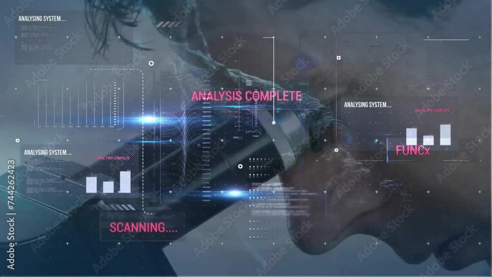Poster animation of data processing over caucasian male scientist using microscope