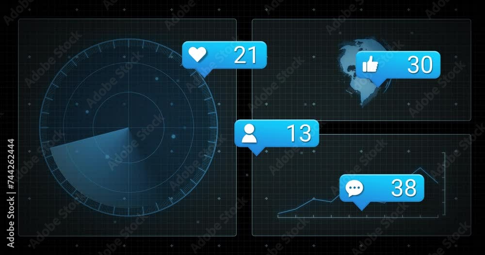 Poster animation of circuit board and social media data processing over dark background