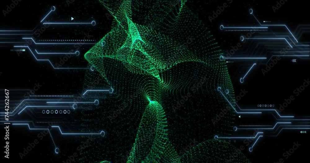 Poster animation of light trails, circuit board and data processing over black background