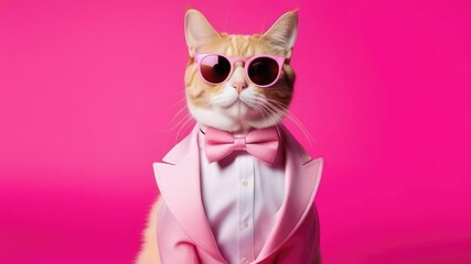 Portrait of a white cat in a tuxedo wearing sunglasses and a suit, animal fashion concept.Business concept - obrazy, fototapety, plakaty