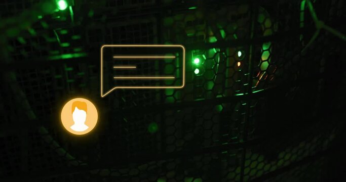 Animation of orange chat bot message icon over glowing computer server in dark room