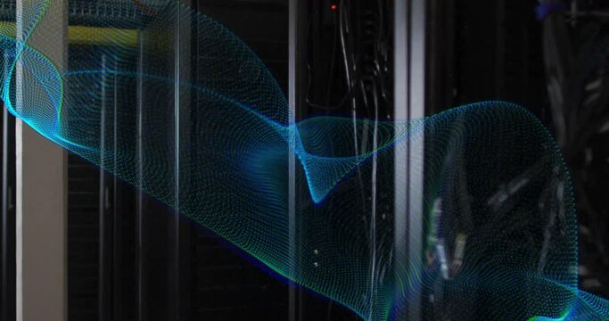 Animation of blue network wave moving over dark computer servers