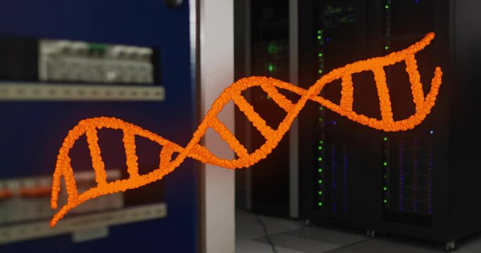 Animation of orange dna strand rotating over dark computer servers