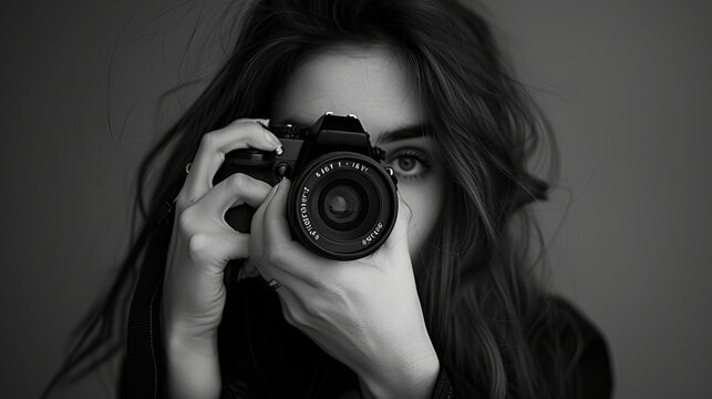 Photographer's portrait with the camera covering her face. woman taking photo