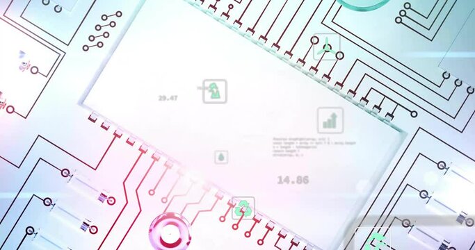 Animation of data processing over digital icons and circuit board