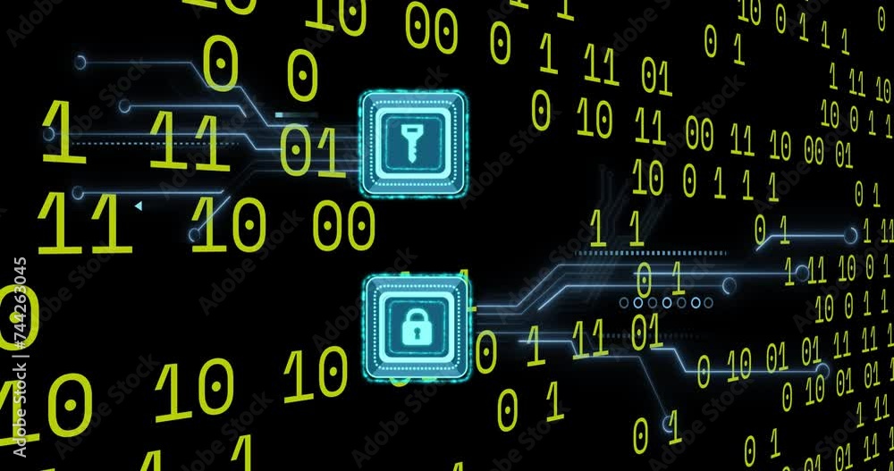 Poster animation of key, padlock icons, binary coding over circuit board on black background