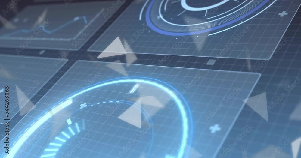 Aufkleber animation of scope and data processing over screens on blue background