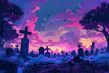 spooky halloween night in silhouette graveyard, vibrant blue purple sky, generative AI