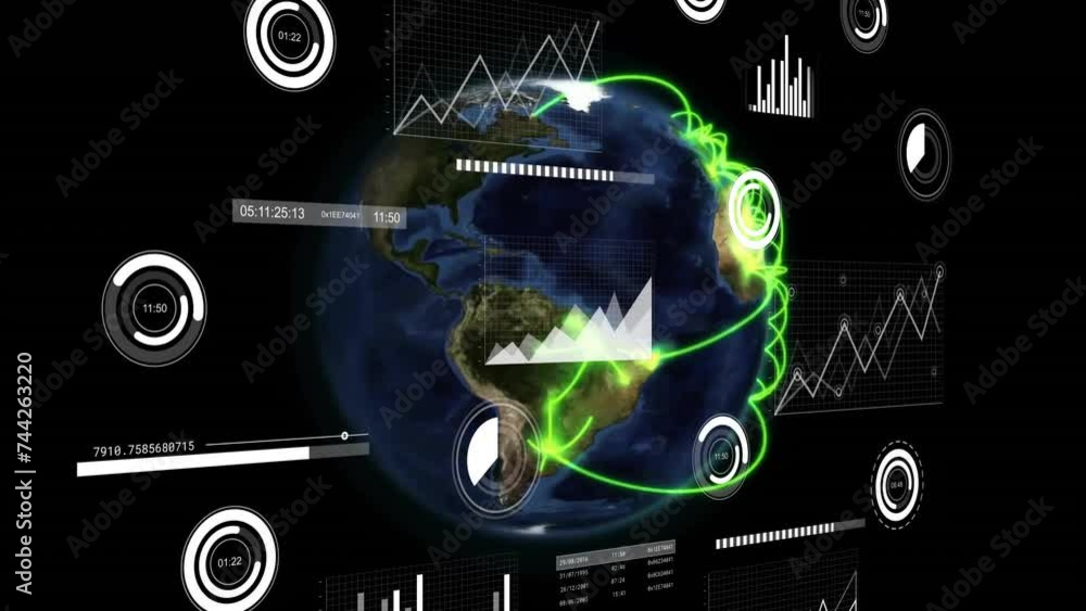 Aufkleber animation of interface charts processing data over globe with glowing green network on black