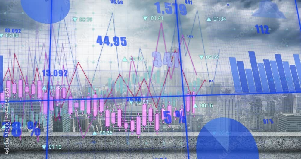 Aufkleber animation of graphs and charts processing data over cloudy cityscape