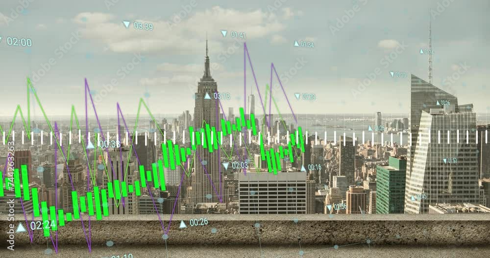 Aufkleber animation of graphs and charts processing data over sunny cityscape