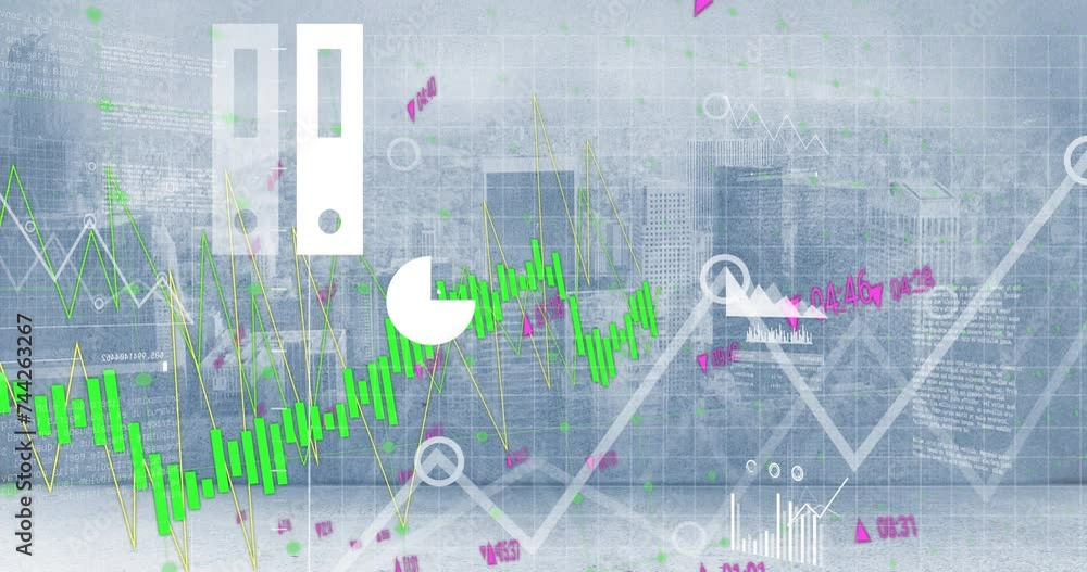 Aufkleber animation of graphs and charts processing data over cloudy cityscape