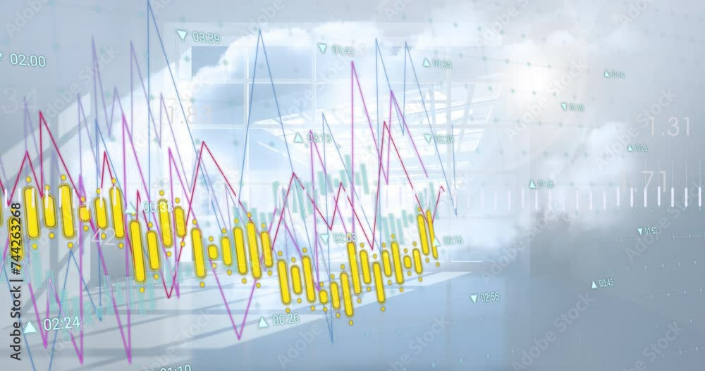 Aufkleber animation of graphs and charts processing data over sunny room and cloudy sky