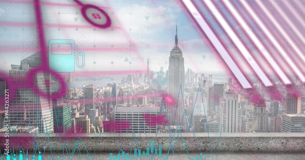 Aufkleber animation of graphs and charts processing data over sunny cityscape