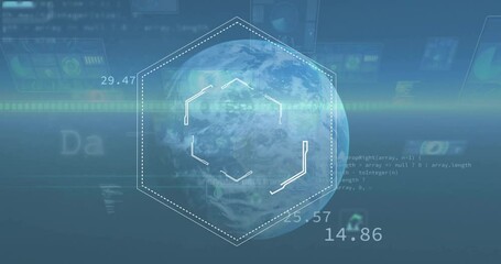 Animation of hexagonal scanner frame processing data over globe on blue background - Powered by Adobe