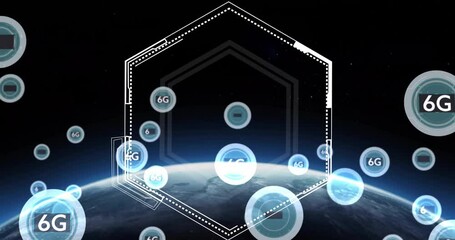 Animation of hexagonal scanner frame and 6g icons over globe rotating in space - Powered by Adobe