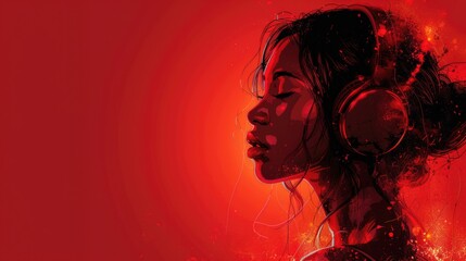 A woman wearing headphones against a bold red background.