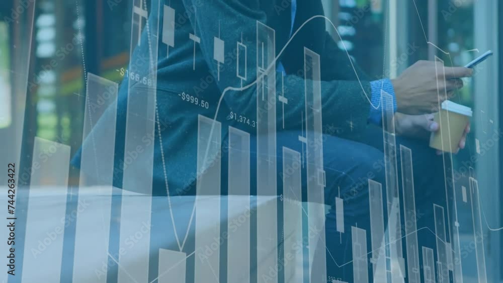 Poster animation of financial data processing over caucasian businessman using smartphone