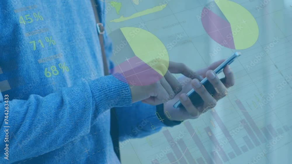 Poster animation of financial data processing over biracial businessman using smartphone
