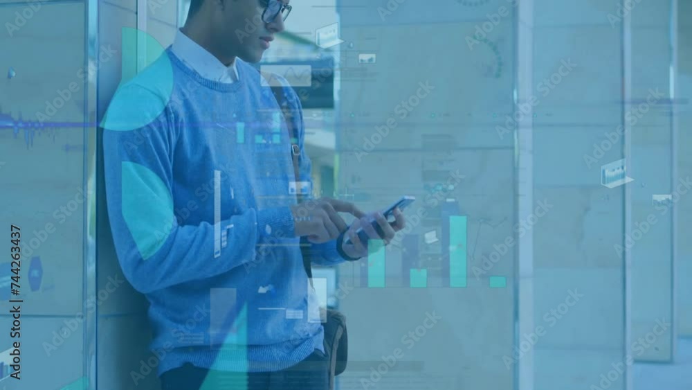 Poster animation of financial data processing over biracial businessman using smartphone