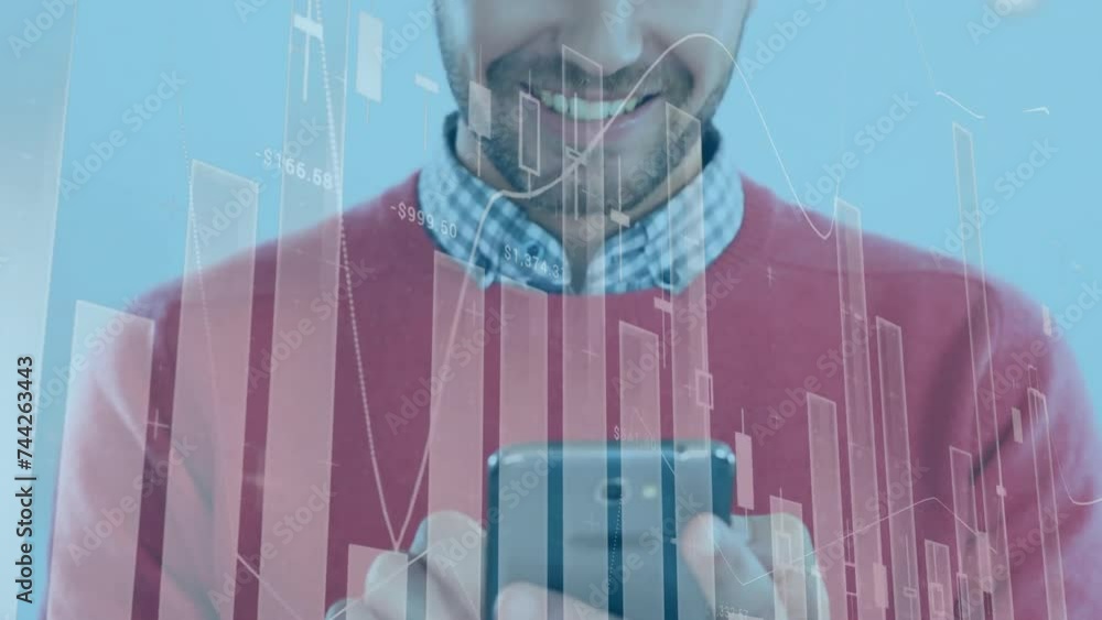 Poster animation of financial data processing over biracial businessman using smartphone