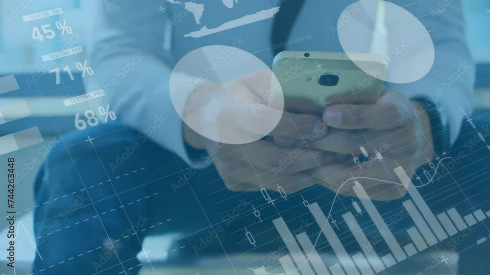 Aufkleber animation of financial data processing over caucasian businessman using smartphone