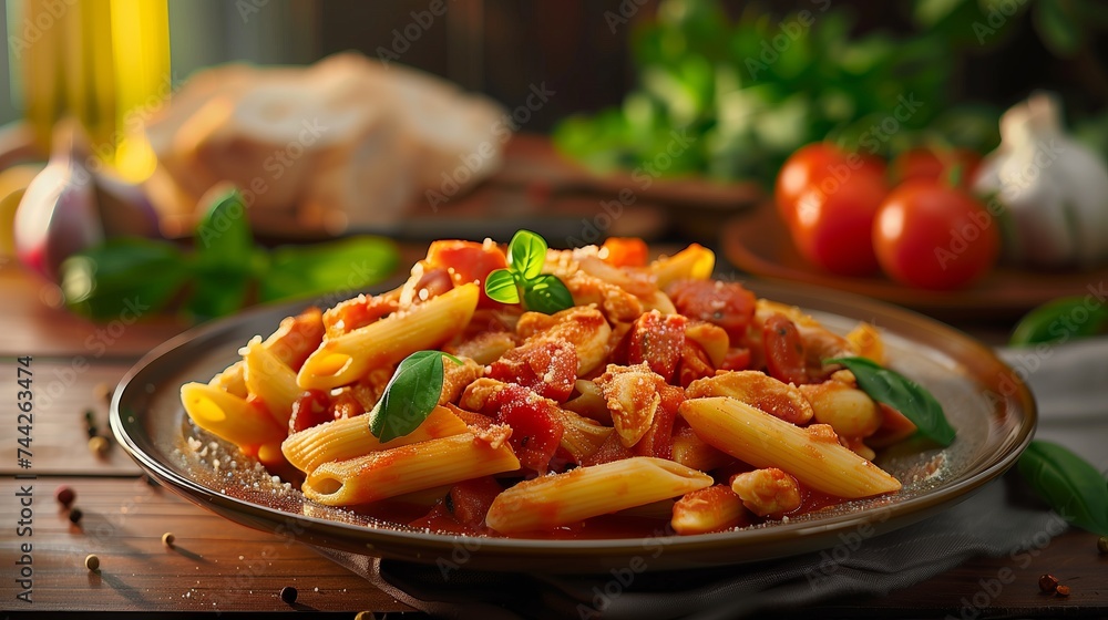 Wall mural penne pasta in tomato sauce with chicken and tomatoes on a wooden table, italian food photo