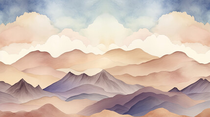 Mountains Range, Desert, Water Waves, and Clouds Watercolor Painting. Illustration Art with Retro-Inspired Wallpaper, Featuring Brown, Yellow, Gray, Orange Tones