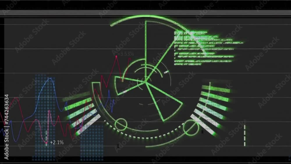 Poster animation of scope and data processing over black background