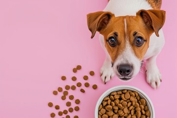 A carnivorous dog breed is sitting next to a bowl of dog food, surrounded by pet supplies and dog supplies on a pink background. The working animal wears a collar as a companion dog