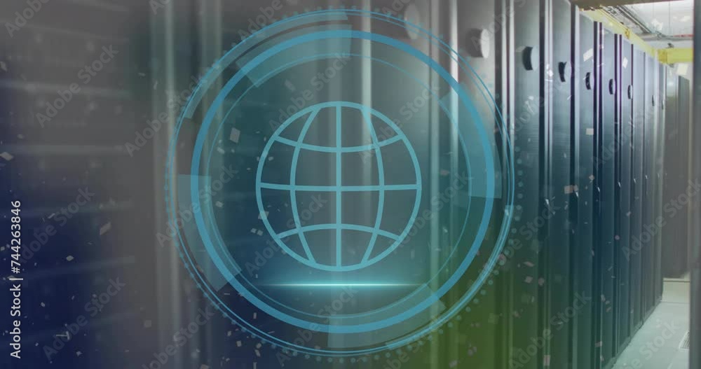 Poster animation of globe and data processing over computer servers