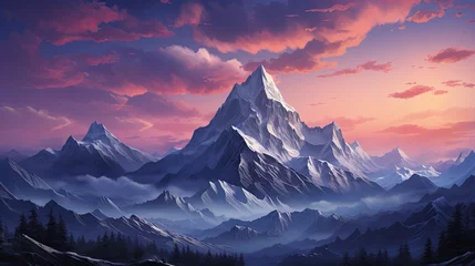 Crédence de cuisine en verre imprimé Everest High Mountains at Evening Sunrise or Sunrise, Dramatic Sky Cloudscape Background, First Light of Day Gently Kisses the Snowy Slopes. Peaceful and Picturesque Scene Wallpaper