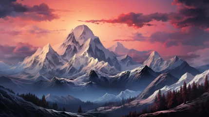 Glasschilderij Mount Everest High Mountains at Evening Sunrise or Sunrise, Dramatic Sky Cloudscape Background, First Light of Day Gently Kisses the Snowy Slopes. Peaceful and Picturesque Scene Wallpaper