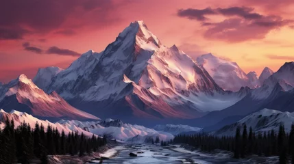 Photo sur Plexiglas Everest High Mountains at Evening Sunrise or Sunrise, Dramatic Sky Cloudscape Background, First Light of Day Gently Kisses the Snowy Slopes. Peaceful and Picturesque Scene Wallpaper