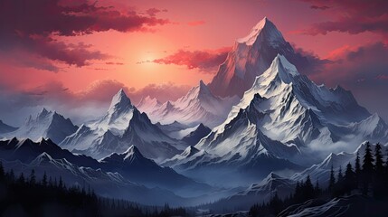 High Mountains at Evening Sunrise or Sunrise, Dramatic Sky Cloudscape Background, First Light of Day Gently Kisses the Snowy Slopes. Peaceful and Picturesque Scene Wallpaper