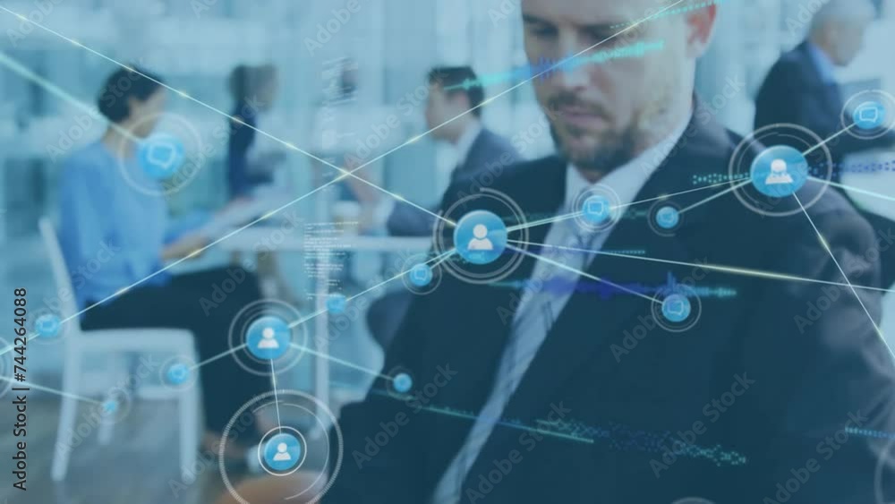 Poster animation of network of connections with icons over caucasian businessman using tablet