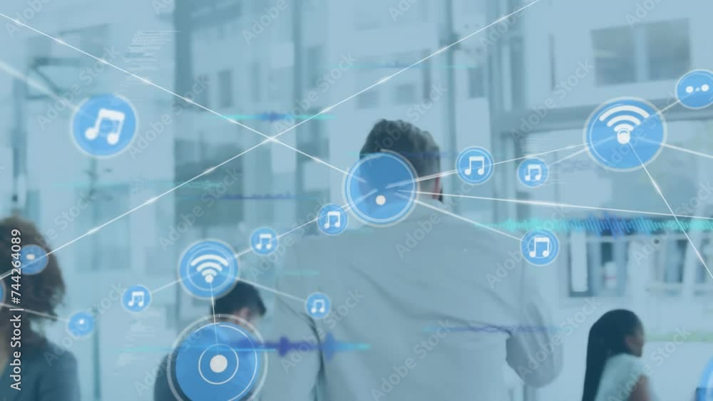Poster animation of network of connections with icons over caucasian businessman using smartphone
