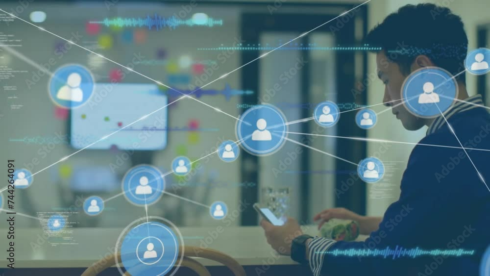 Poster animation of network of connections with icons over biracial businessman using smartphone