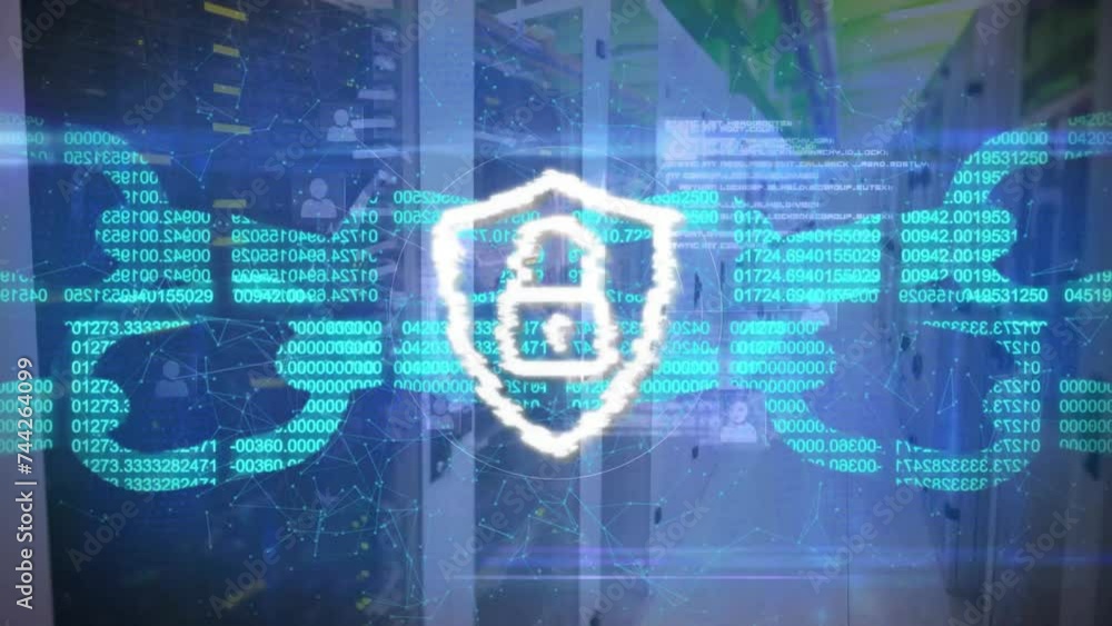 Poster animation of padlock and chain with digital data processing over computer servers