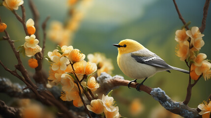 A Vibrant Yellow Bird Perched Among Spring Blossoms