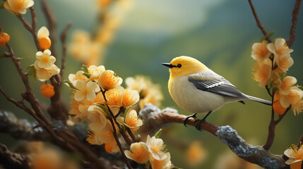 Obraz premium A Vibrant Yellow Bird Perched Among Spring Blossoms