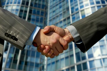 Handshake between two business partners against a backdrop of a corporate office Symbolizing partnership and agreement