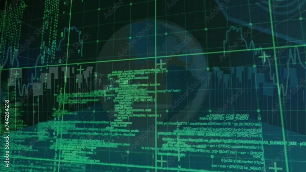 Poster animation of globe and digital data processing over black background