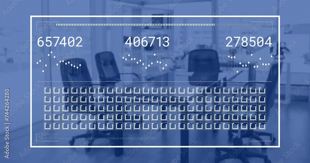 Poster animation of digital data processing over desk in office