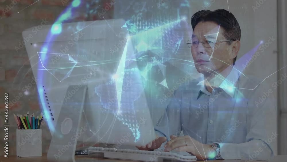 Poster animation of network of connections over globe and asian businessman using computer