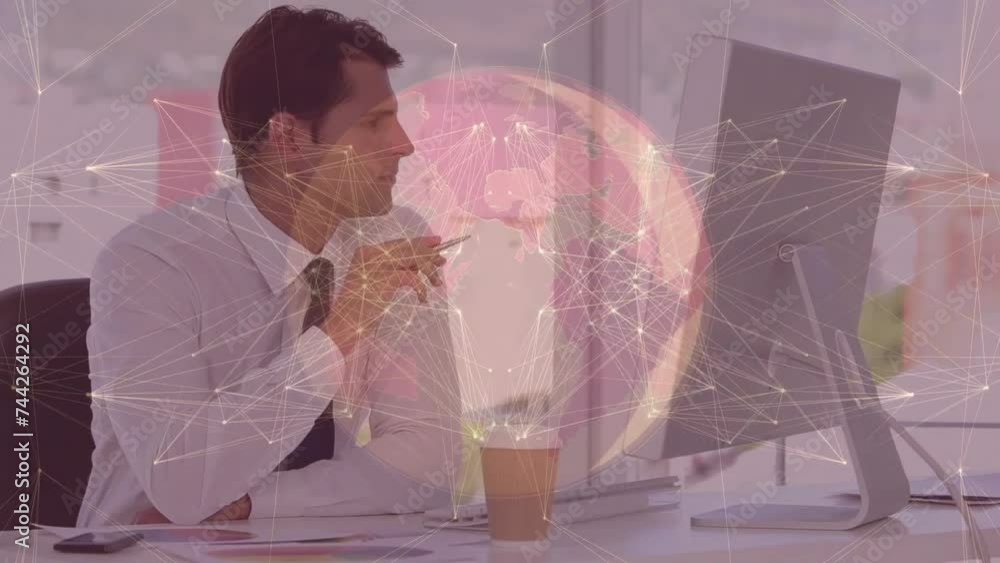 Aufkleber animation of network of connections over globe and caucasian businessman using computer