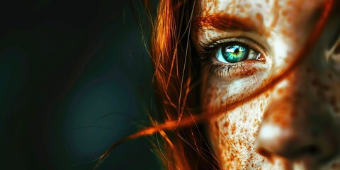 Girl with green eyes and red hair on a dark background
