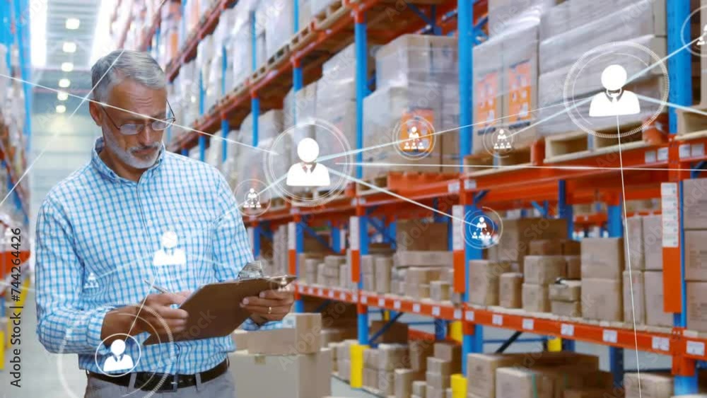 Poster animation of network of connections with icons over caucasian man working in warehouse