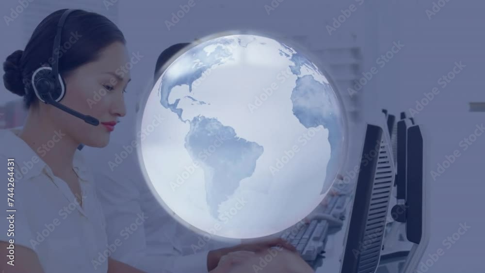 Poster animation of data processing and globe over diverse business people using phone headsets