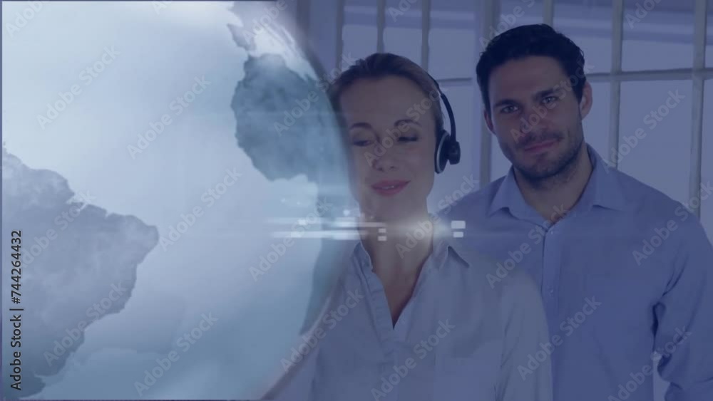 Aufkleber animation of data processing and globe over diverse business people using phone headsets